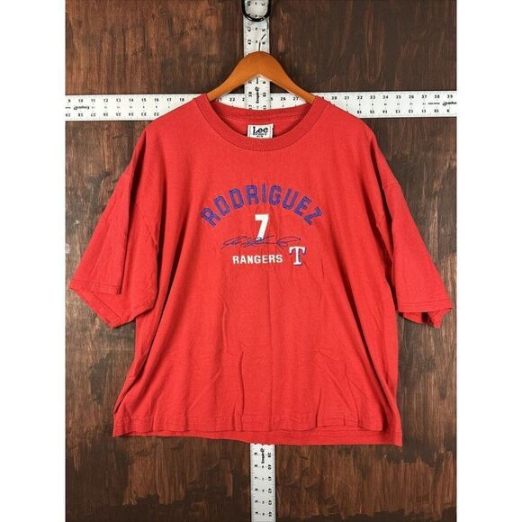 Texas Rangers Lee Sport MLB Ivan Rodriguez #7 Shirt Red Blue Men’s 2XL‎ XXL VTG - Picture 1 of 6